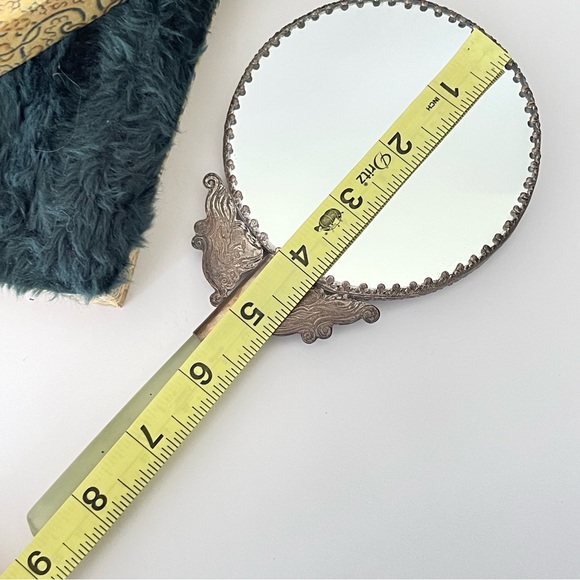 Vintage hand held vanity mirror jade handle silver tone birds floral metal - Picture 11 of 11